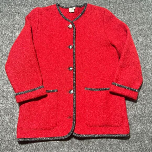 LL BEAN Pure Wool Cardigan Jacket Small‎ Womens Red Made In Austria Coat - Picture 1 of 9